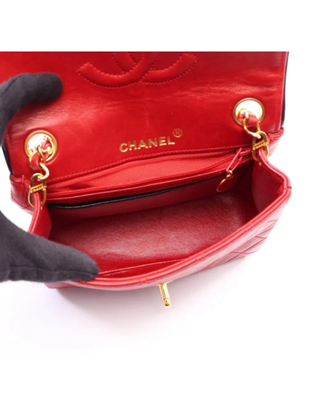 Chanel Shoulder Bag Mini Quilted Red Lambskin Chain